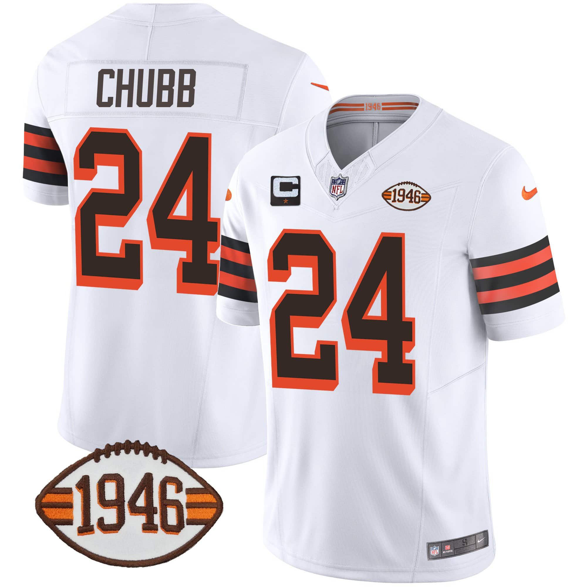 Men Cleveland Browns #24 Chubb White 1946 75th Anniversary Patch 2024 Nike NFL Jersey